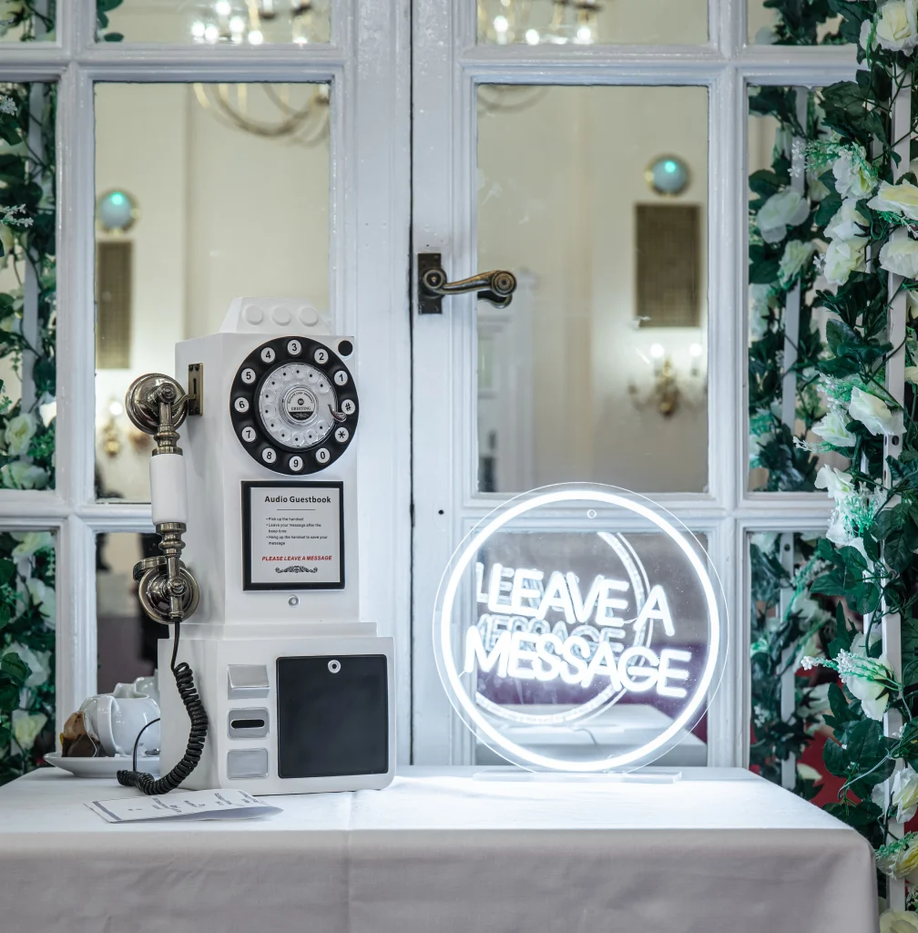 Audio guest book with a Leave a Message neon sign