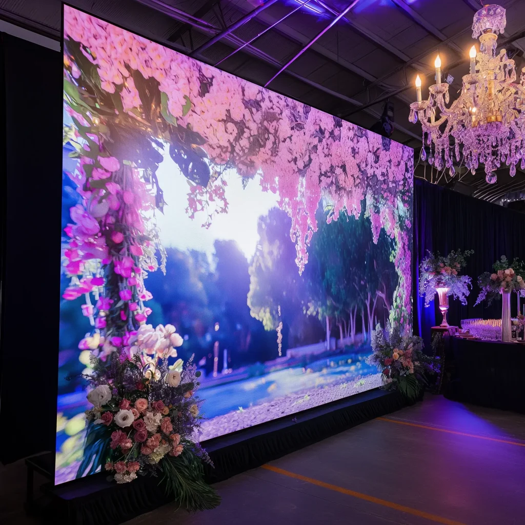 Wedding venue with a blossom tree backdrop and chandelier