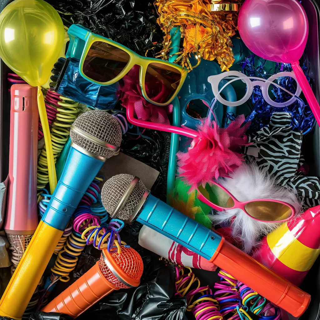 Photo booth props including glasses, microphones and boas
