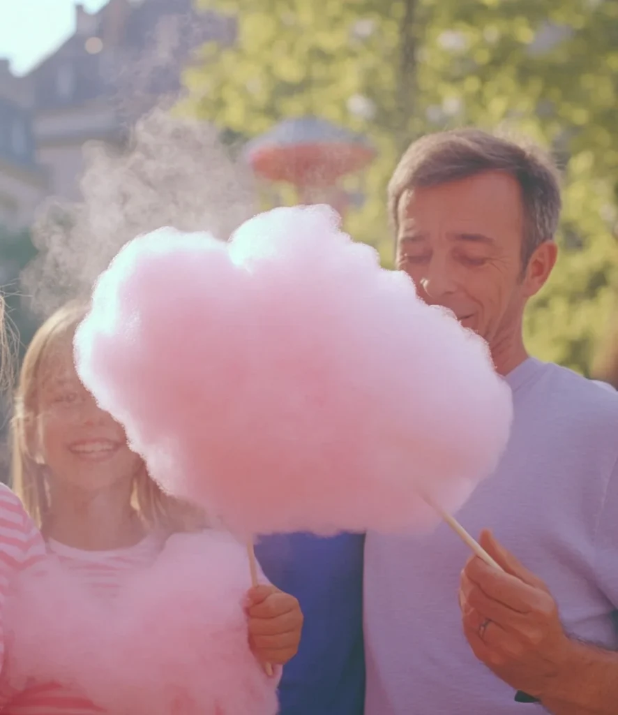 Couple sharing pink candy floss outdoors