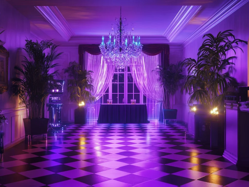 Purple-lit event venue with a chandelier and checkered floor