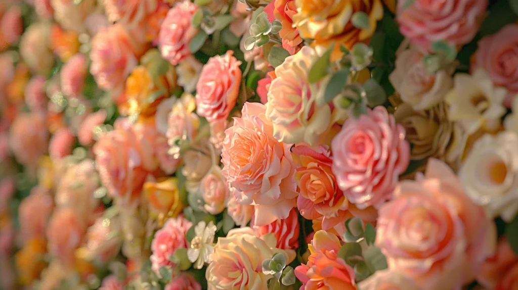 Peach and pink rose flower wall