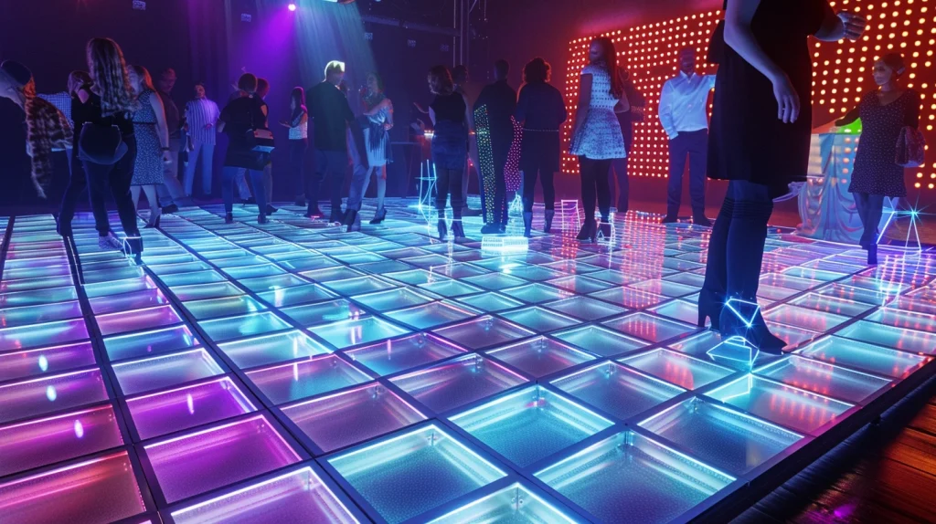 Guests dancing on a colourful LED dance floor