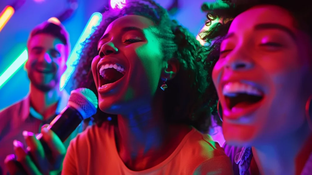 Friends singing into a microphone at karaoke