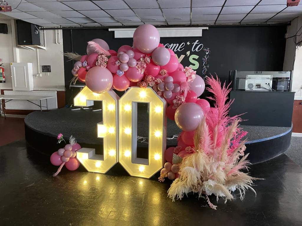 Light-up number 30 with a pink balloon arch