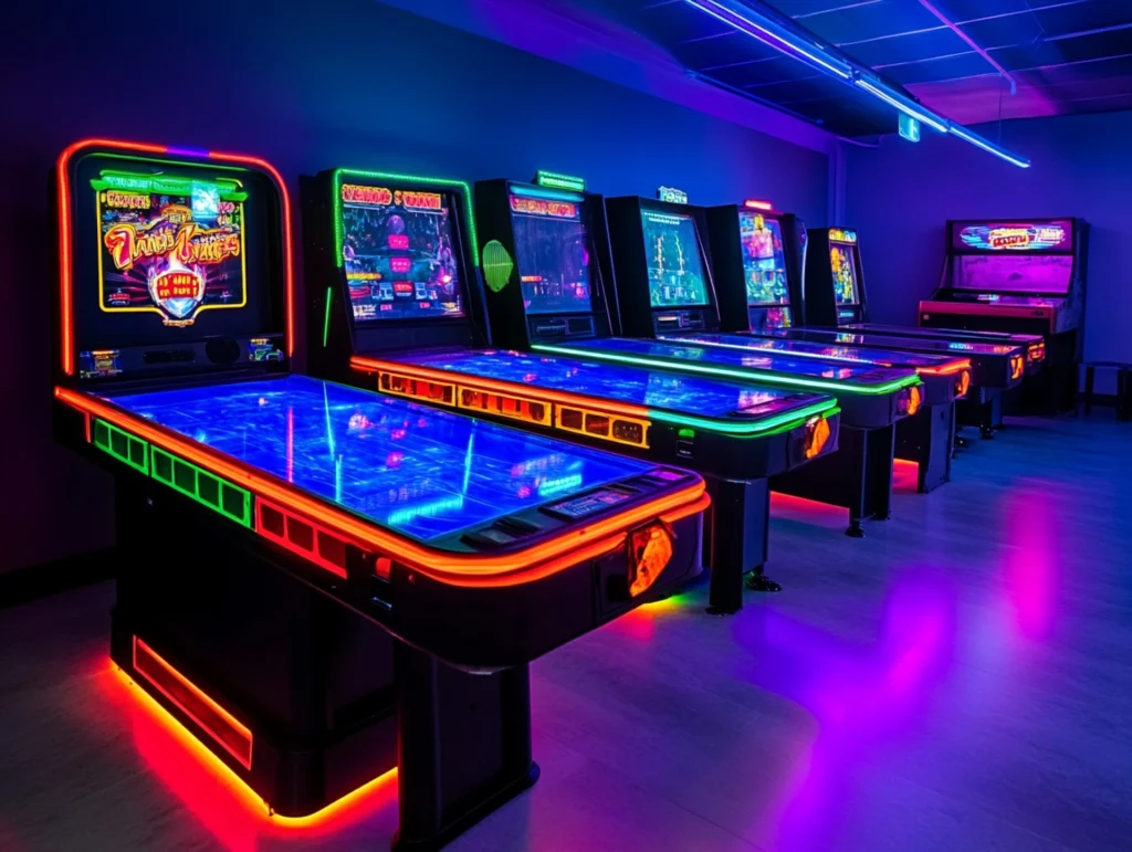 Neon arcade and air hockey games at a party