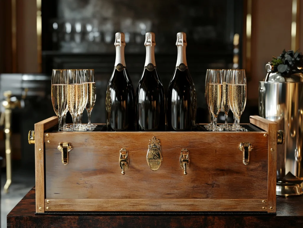 Prosecco bottles and glasses on a wooden prosecco cart