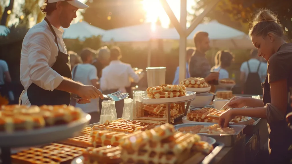 Waffle and dessert buffet at an outdoor event