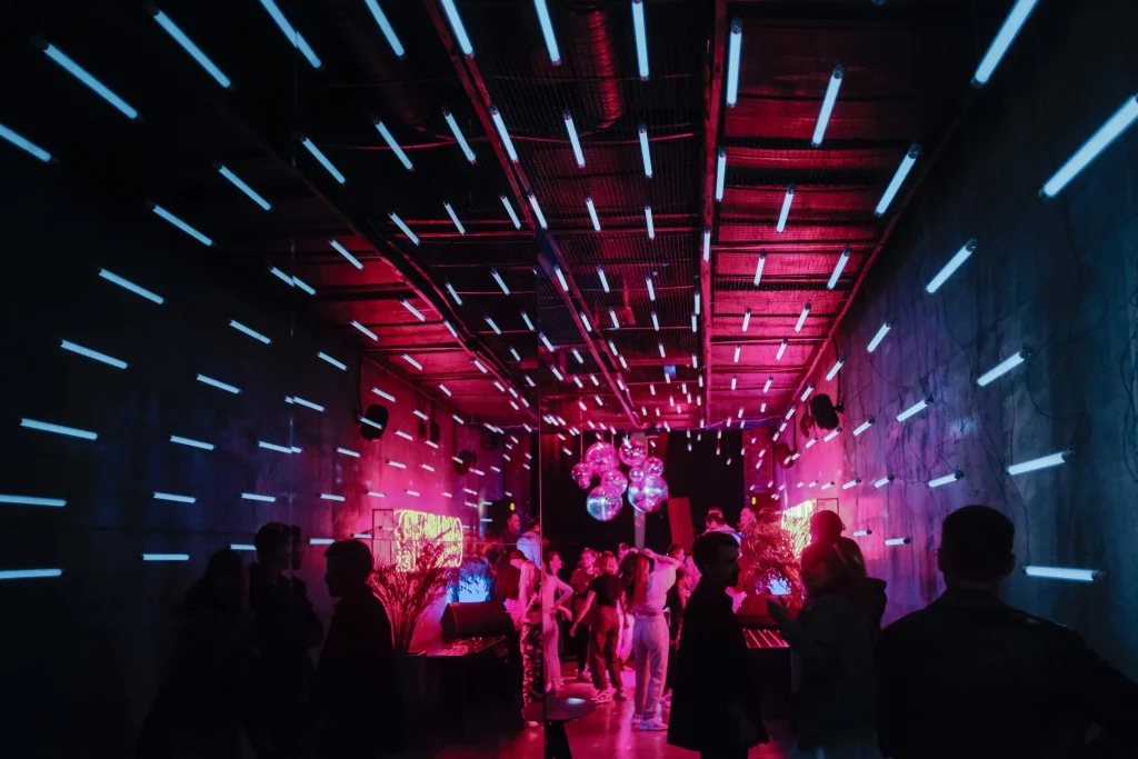Nightclub dance floor with LED light tunnel