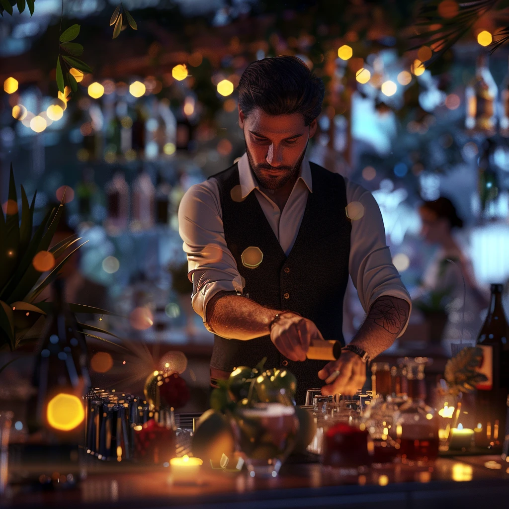 Bartender making cocktails at a mobile bar