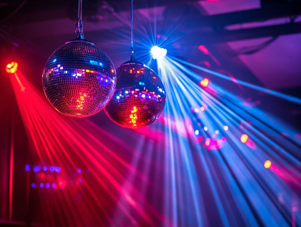 Disco balls and laser lights at a party