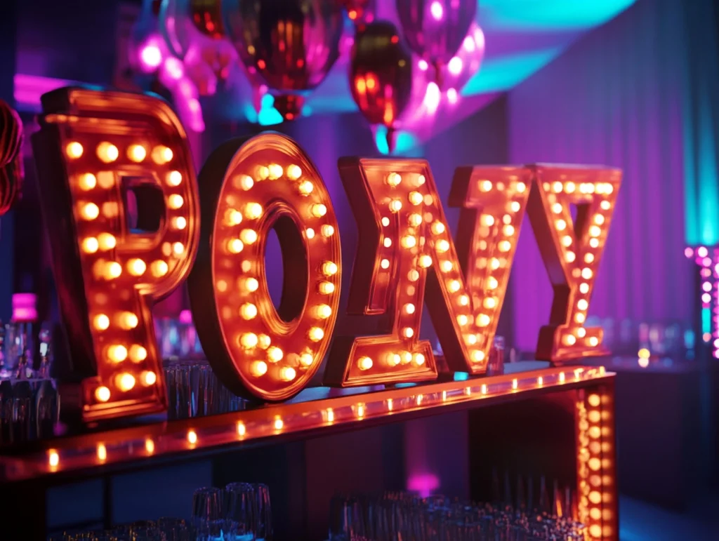 Light-up PONY marquee letters with neon lighting